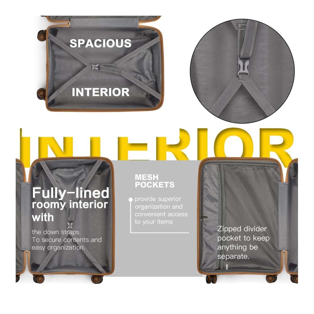 KONO Hartschalenkoffer Set - 3-teiliges Reisekoffer Ensemble (65 cm) mit Leicht Reisetasche und Kulturbeutel Mittelgroßes Gepäck-Set in Weiß/Braun