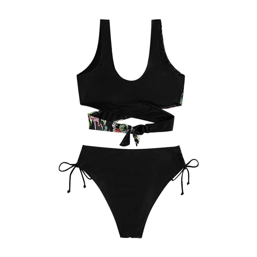 Badeanzug Damen Bauchweg Push Up Kontrastfarben Sexy Dreiecksnähte Verstellbarer Kordelzug