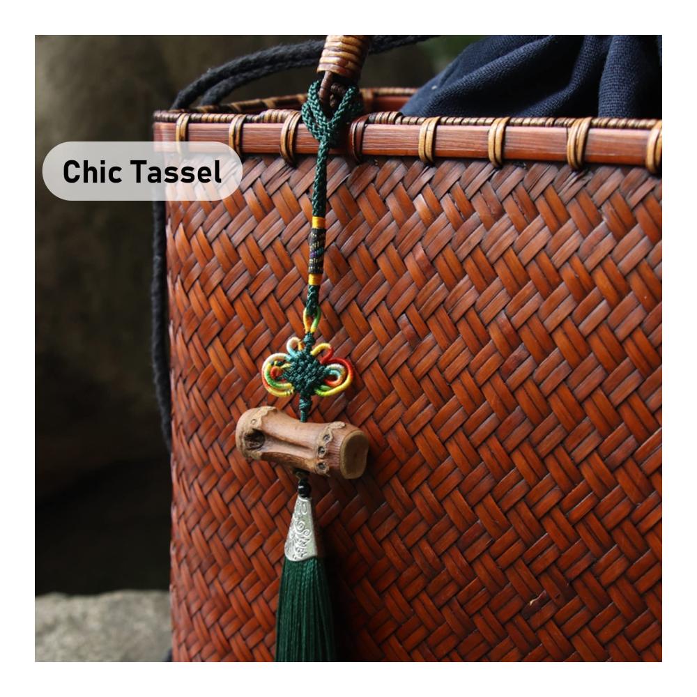 Bambus Henkeltasche im Chinesischen Stil – Handgewebte Korbtasche mit Quaste Rustikale Geldbörse für Sommer/Frühling/Herbst Urlaub – Tragetasche in 29.5x13.5x22.5 cm Größe