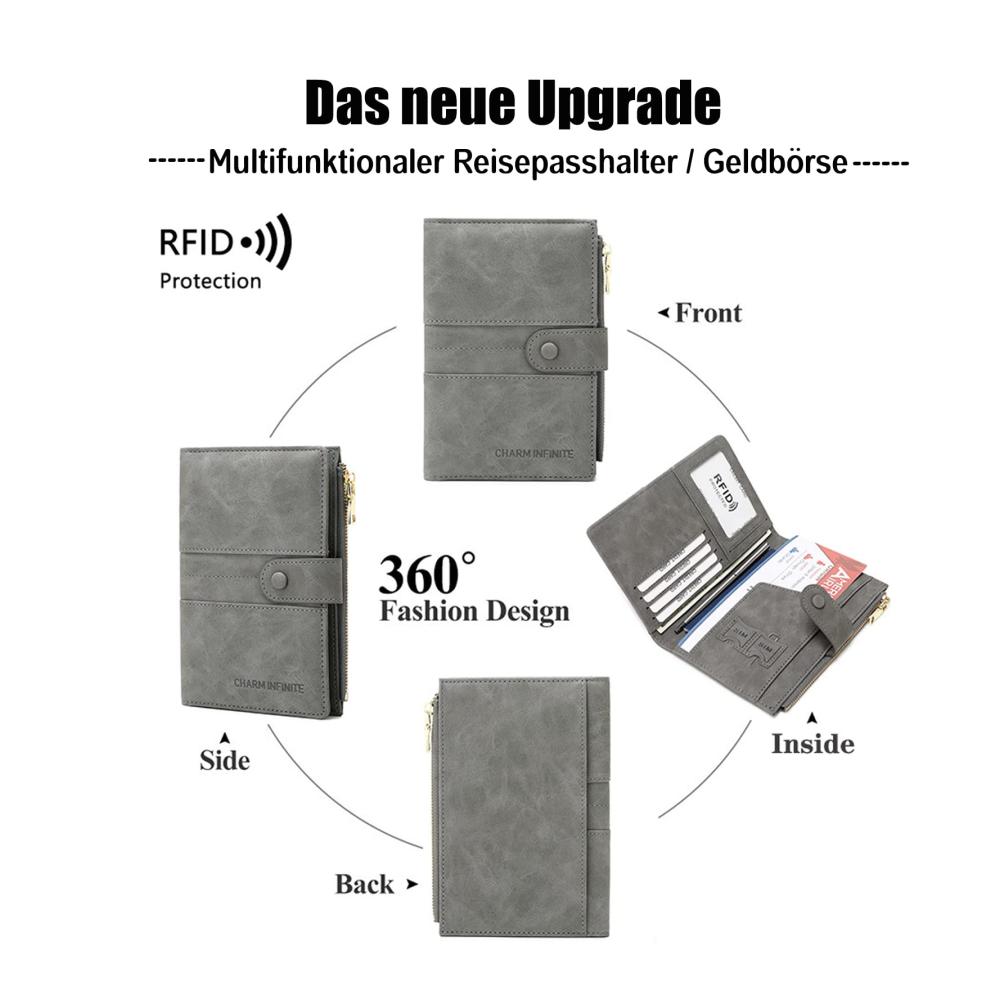 Reisepasshülle mit RFID-Blocker - Schutzhülle für Kreditkarten Ausweis und Reisedokumente - Graue Multi-Compartment Tasche für sichere Aufbewahrung - Travel Organizer als praktisches Reisezubehör