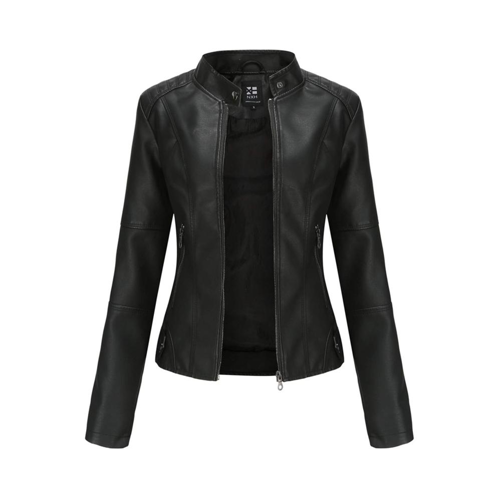 Damen Kunstleder Bikerjacke mit Reißverschluss Reverskragen PU Leder dünn Punk-Stil für Frühling/Herbst (5 Farben