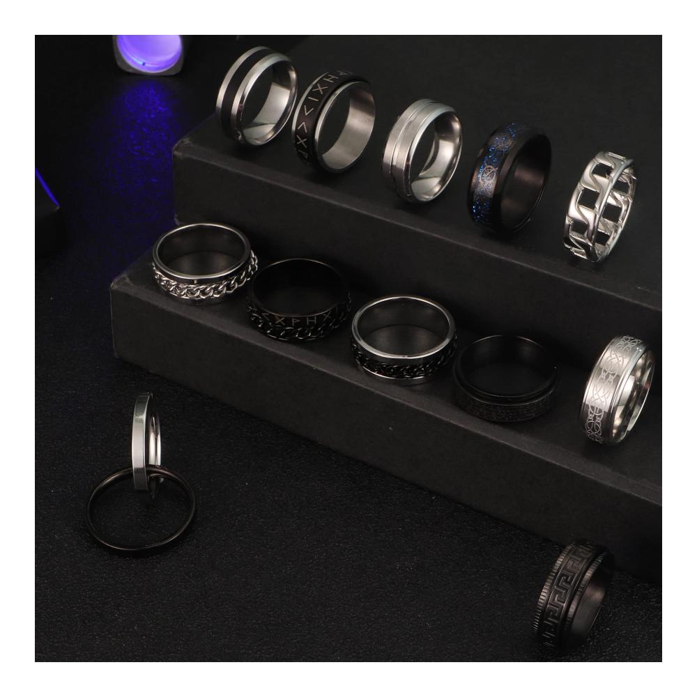 Edelstahl Herren Ringe 12er Set Fidget Spinner Anti-Angst-Band Ketten - Silber & Schwarz. Ehering Verlobungsring Zappelring - Größe 52-70. Perfekt für Geburtstag & Weihnachten