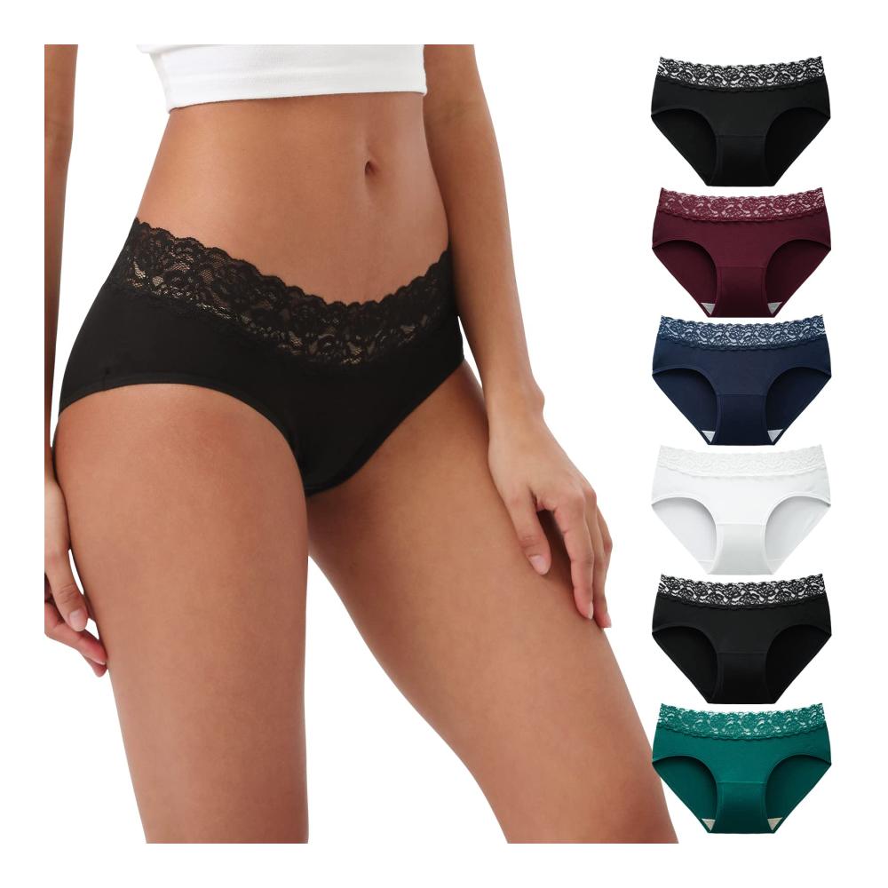 Damen Baumwolle Slips mit Spitze - Bequeme Hipster Unterwäsche Multipack (6 Stück