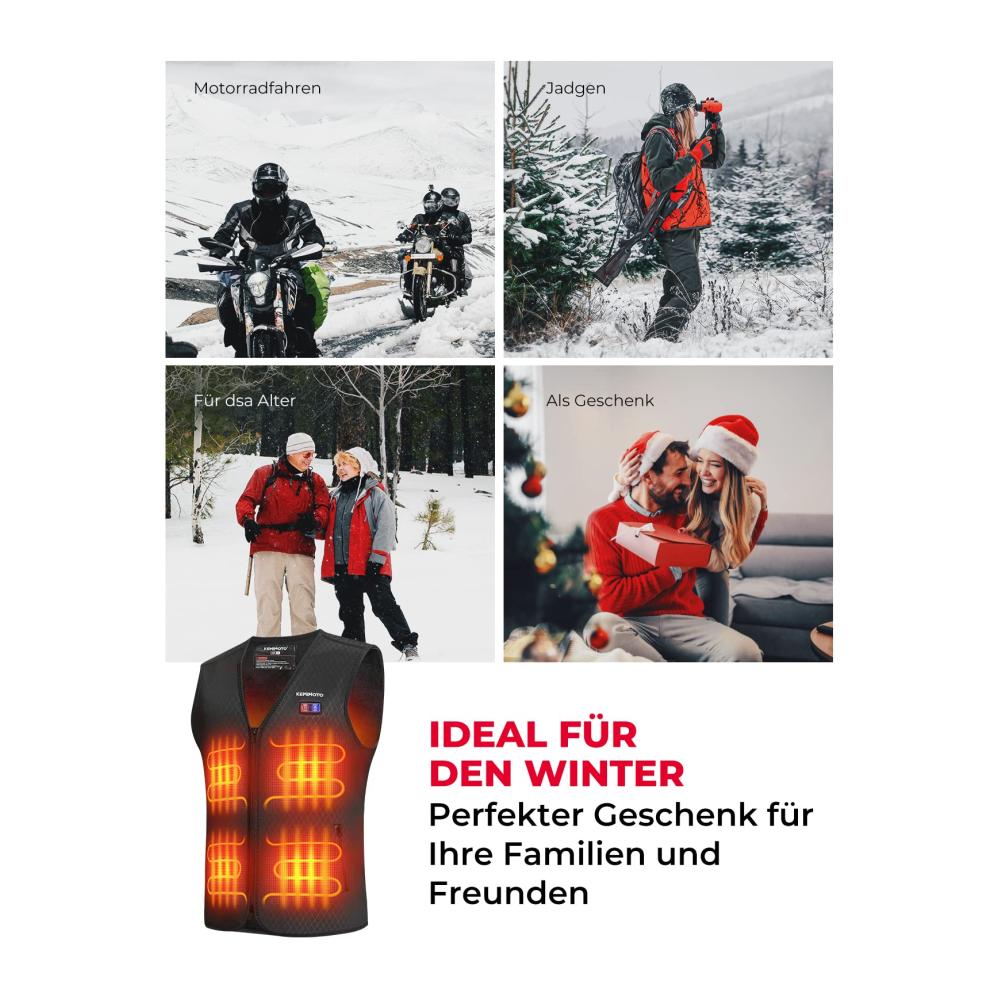 Beheizbare Herrenweste mit 8 Heizzonen 3 Wärmestufen USB Elektroheizung - Ideal für Ski Angeln Motorrad und Outdoor-Aktivitäten (Ohne Akku