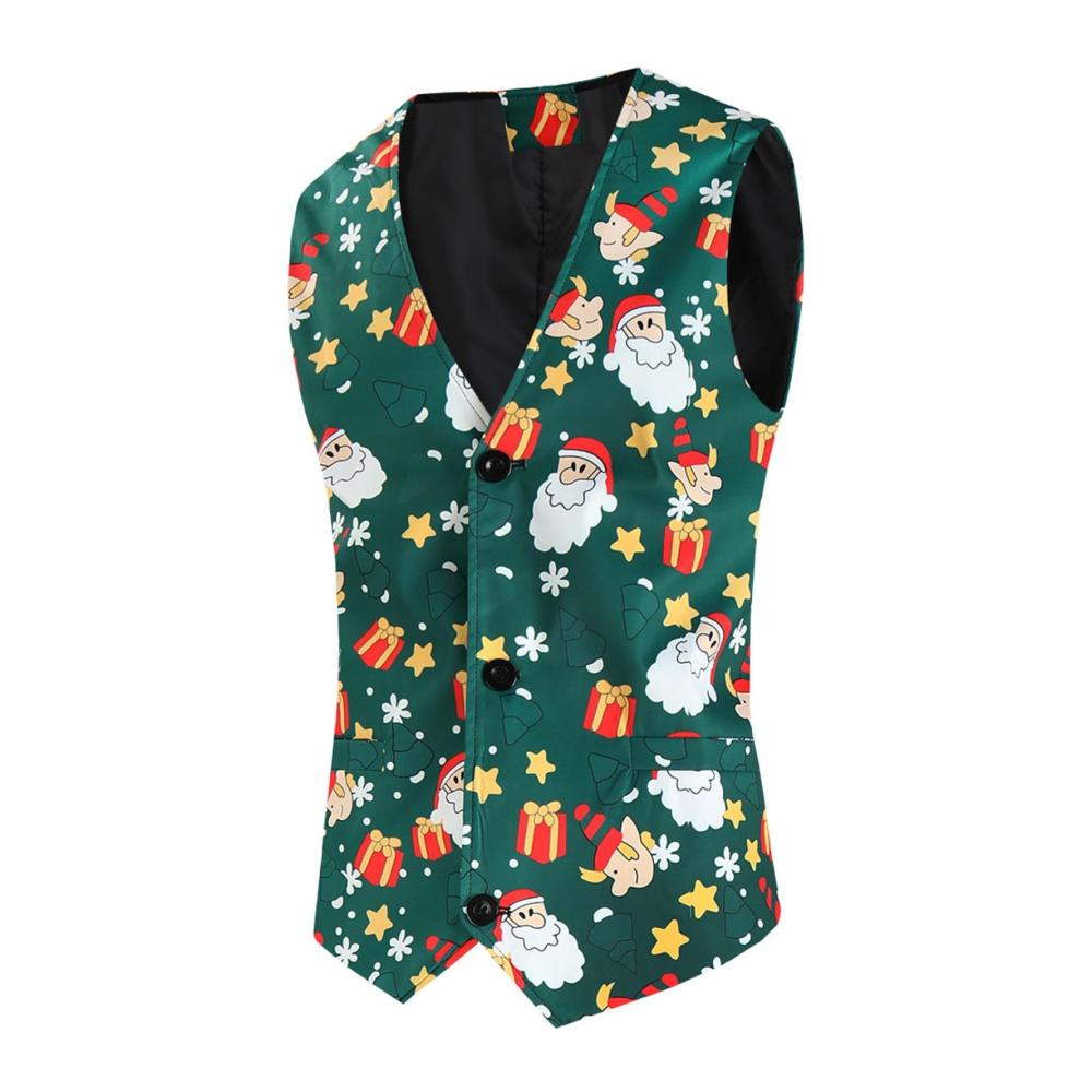 Herren Weihnachtsanzug Set V-Ausschnitt Weste Druckmuster Slim Fit Anzug für Weihnachtsparty