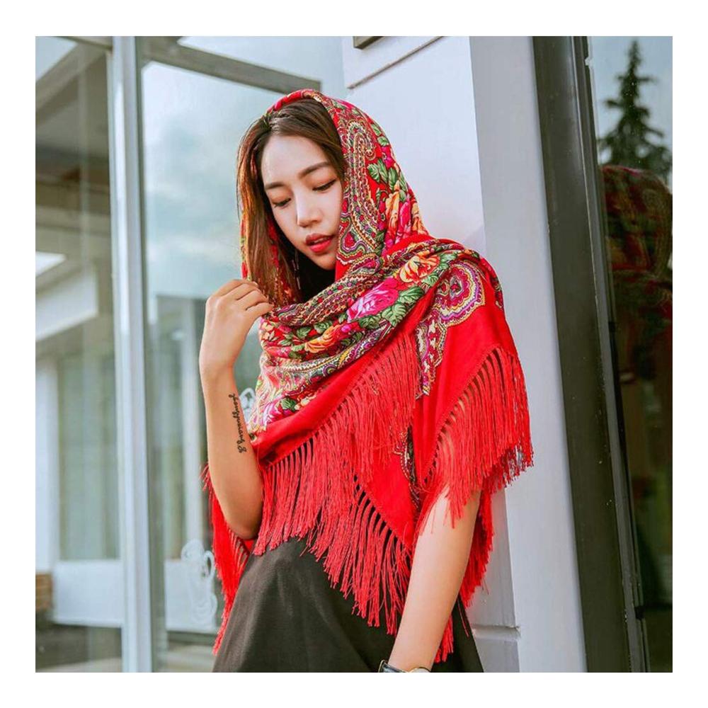 Pashmina Quadratischer Baumwollschal mit langen Quasten im Vintage Folk-Stil für den Frühling und Winter - Frauen Floral Pashmina Cape im russischen Design