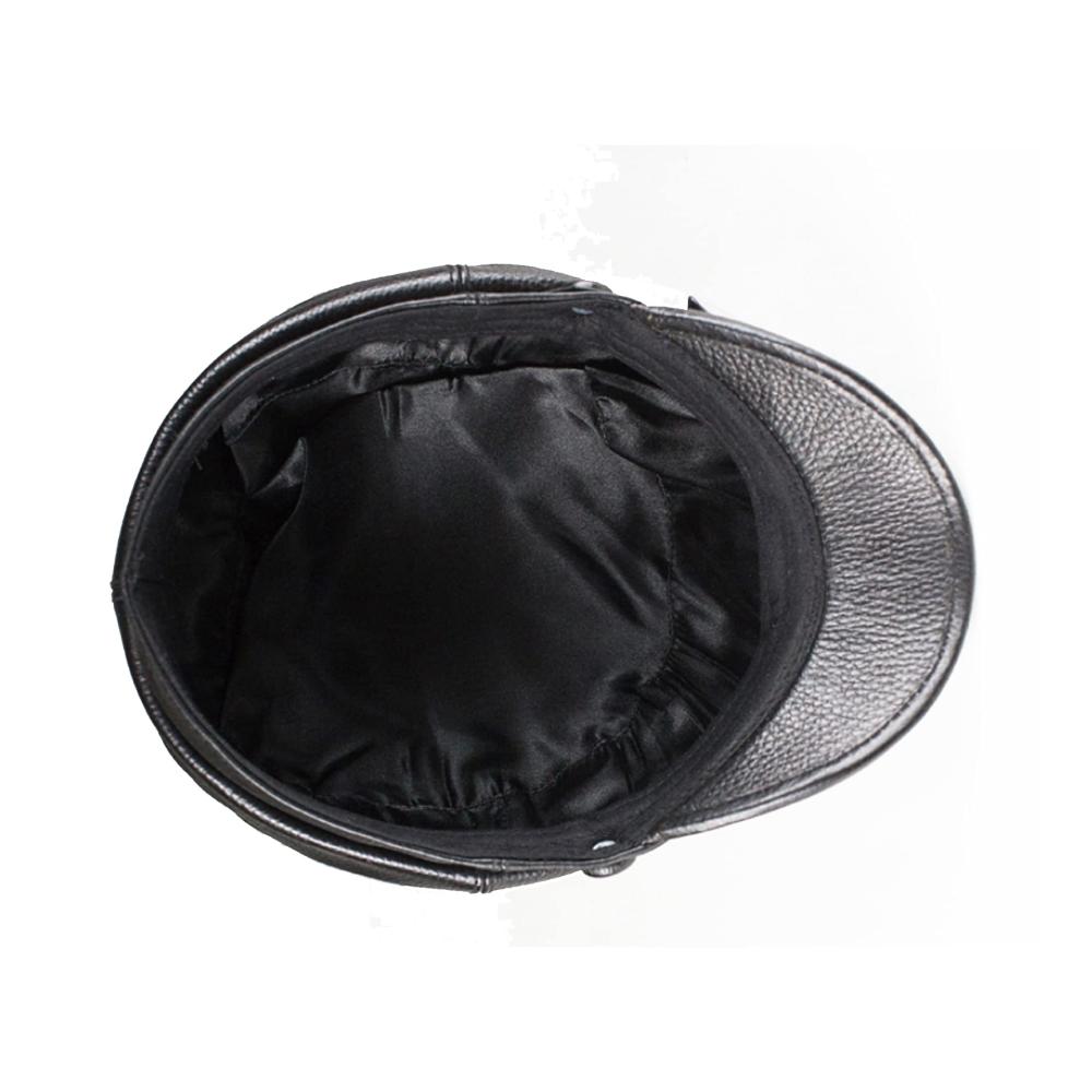 Schwarze XXL Schiebermütze aus Rindsleder mit Gürtel-Design – Militär Newsboy Cap für Damen
