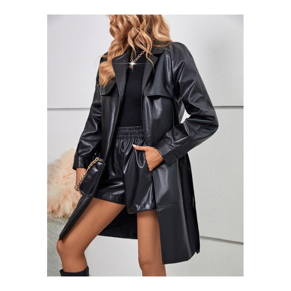 Trenchcoat Damen Eleganter PU-Lederjacke in Schwarz Mittellang mit Schnürrevers