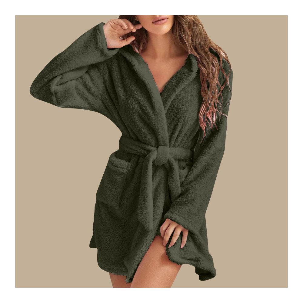 Damen-Bademantel mit Kapuze | Kimono Frottee-Bademantel in Sexy Design | Weicher Kurzflanell-Nachtwäsche Pyjama aus Plüsch-Fleece | Damenkleid mit Tasche