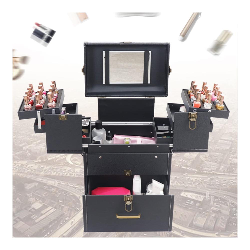 Professioneller Kosmetikkoffer mit Rollen und Spiegel - Großer Schminkkoffer für Reisen und Makeup-Organisation in Schwarz