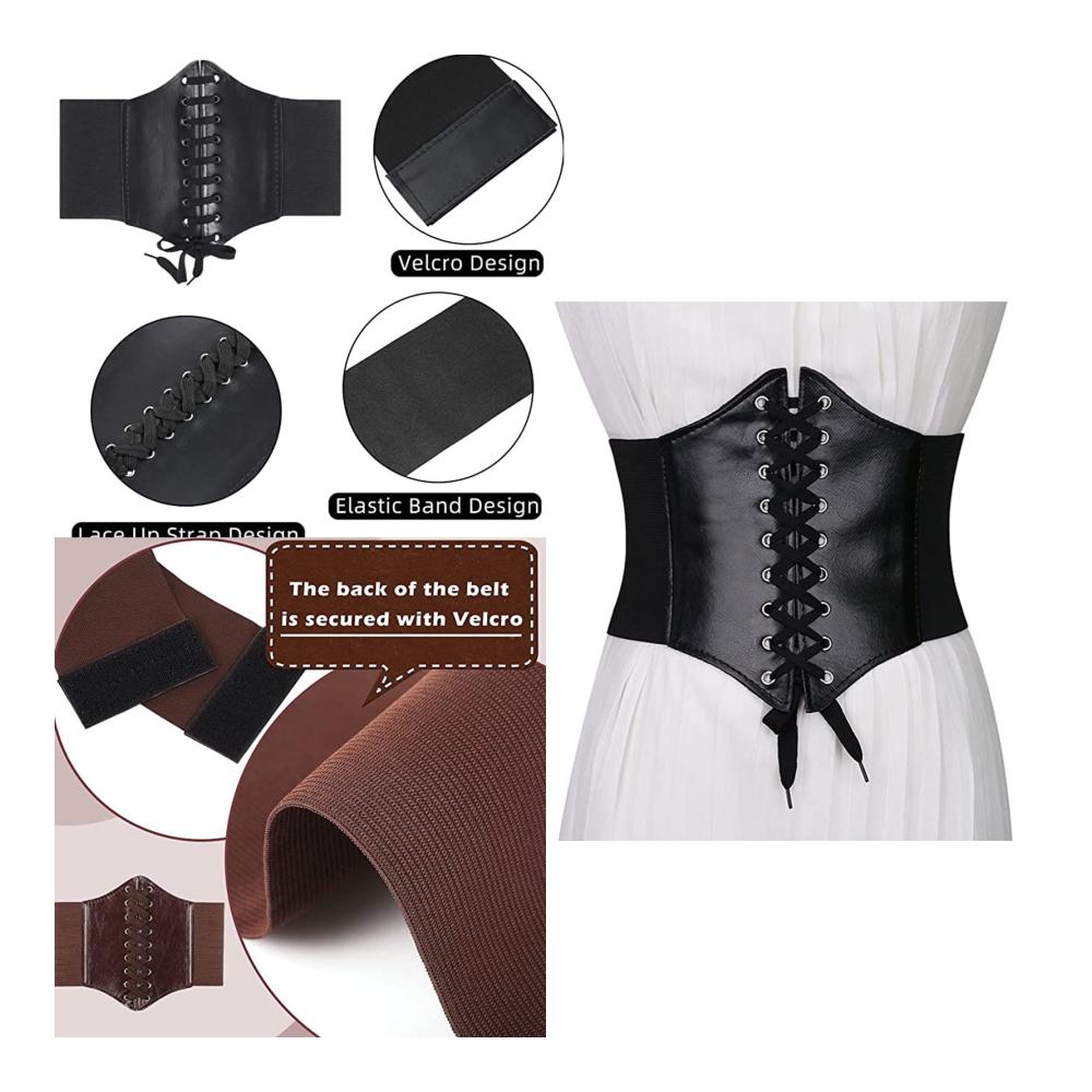 Damen Korsett Gürtel Stilvoller PU Leder Body Shaper mit Lace-up Elastischem Design und Retro-Charme für Abnehmen und Weiche Taille - Schwarzer Breiter Gürtel im Court-Look
