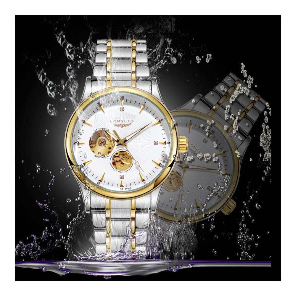 Automatikuhren für Herren | Skelett Mechanik | Wasserdicht bis 5 ATM | Edelstahlband mit Römischen Ziffern | Leuchtende Business-Uhr in Gold