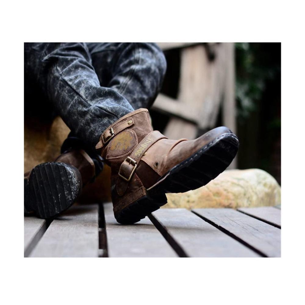 Herren Moto Stiefel Lederstiefel mit Reißverschluss Übergröße 46 EU Westernstil Kaffeebraun