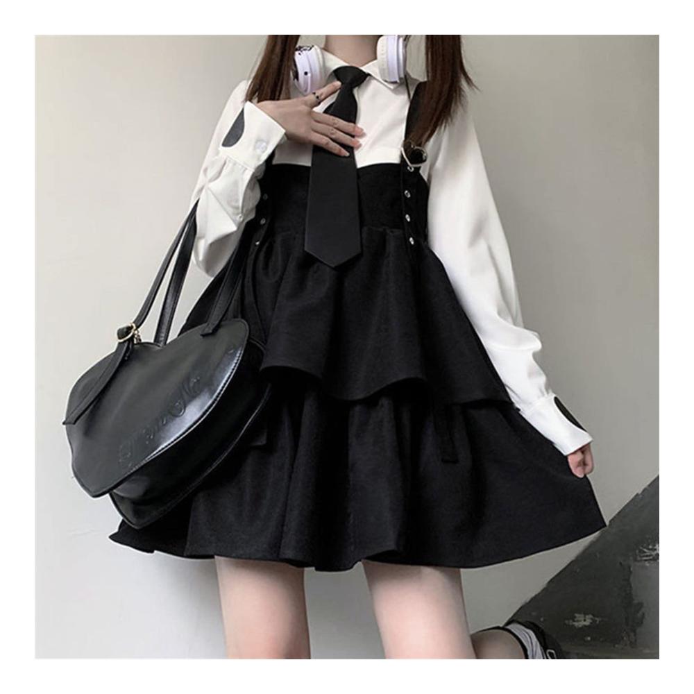Pareos & Strandkleider Kawaii Schwarz Rüschen Lolita Kleid - Damen Herbstmode mit Japanischem Flair Ärmellos und Trägerdesign Niedliches Minikleid im Adretten Stil