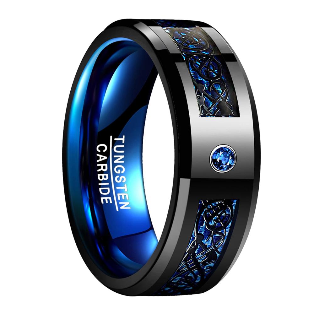 Hawaiianische Koa-Holzeinlage | Wolframringe 6mm/8mm für Herren/Damen | Abalone-Muschel/blaue Mitte | Eheringe mit Kuppel-Design | Bequeme Passform | Vakki Kollektion | Größe 4 bis 17