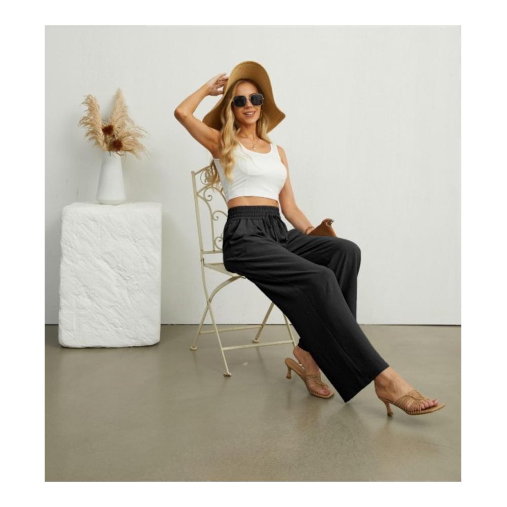 Damen Palazzo Hose Weite High Waist Damenhose mit Taschen Elegant Sommer Yoga Stoffhose Gummizug