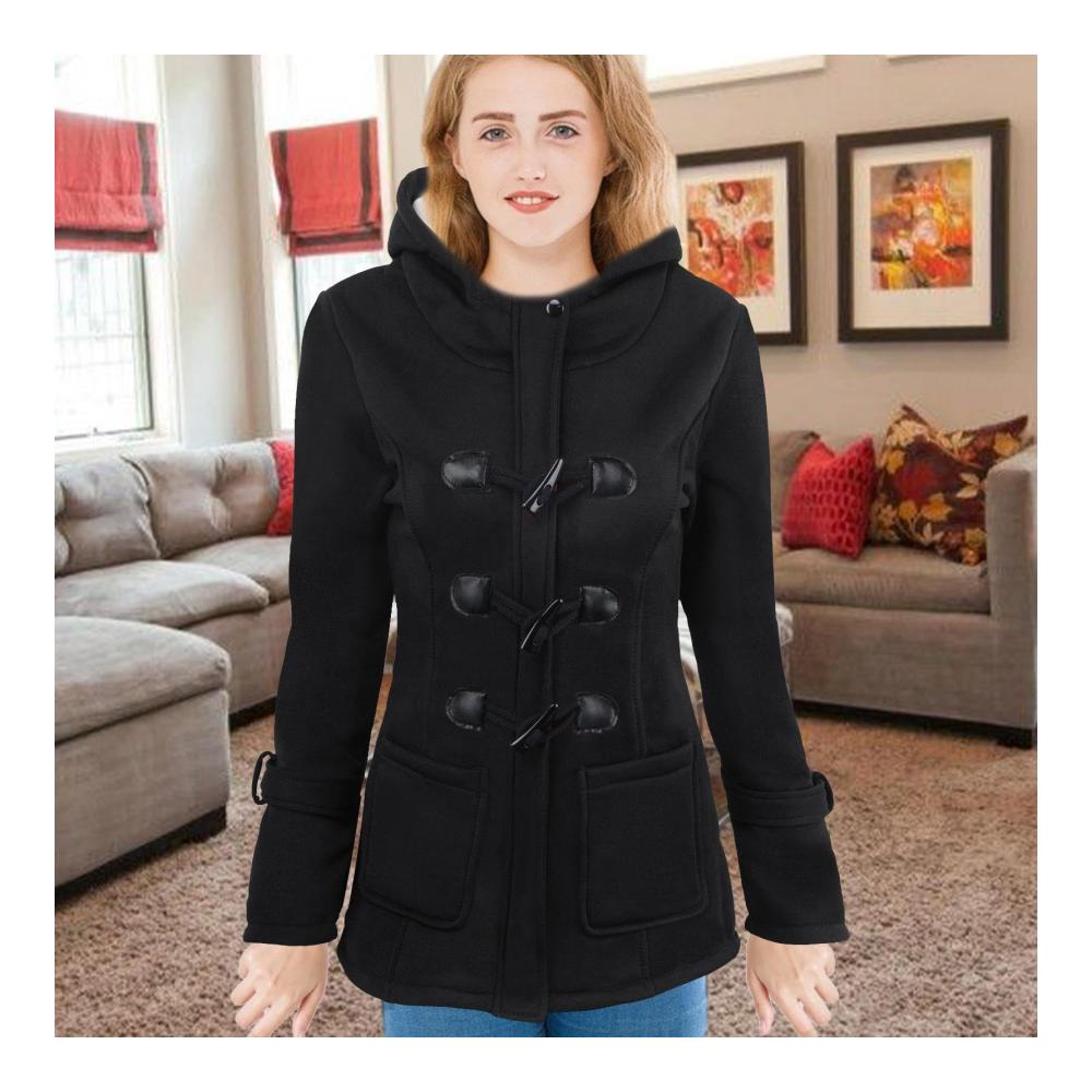 Damenmantel mit Kapuze und Hornknöpfen - Stilvolle Anzugjacke für den Herbst und kaltes Wetter