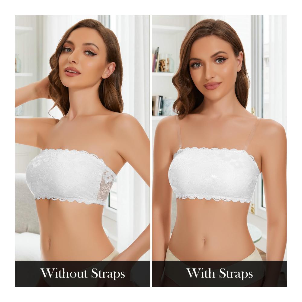 Bandeau BH Damen Trägerloser Spitzen-BH mit transparenten Trägern bügellos und gepolstert