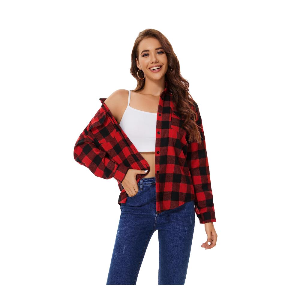 Kariertes Damen Hemd - Baumwoll Flanellbluse Holzfällerhemd mit Knöpfen Langarm Karohemd für Oktoberfest & Alltag