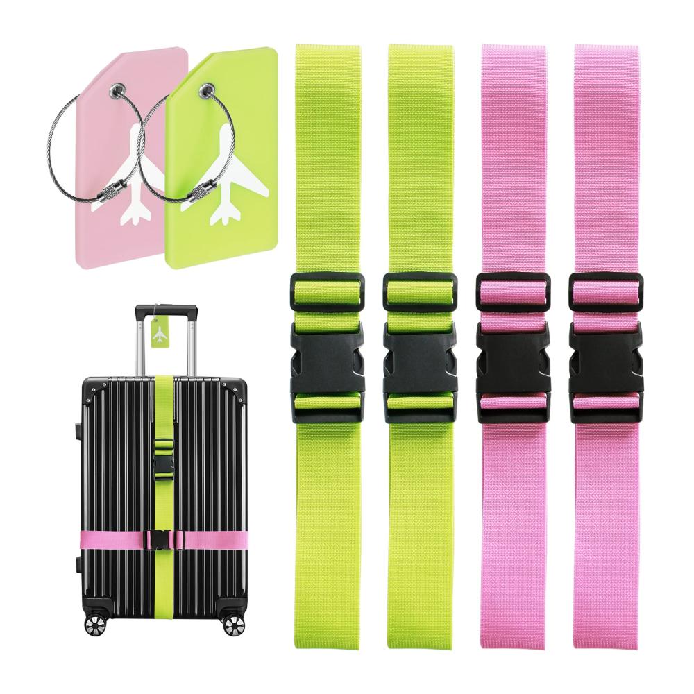 Koffer- & Taschenanhänger Set 4 Koffergurte 2 leuchtende Kofferanhänger mit Adressschild einstellbare Kofferbänder für 18-32 Zoll Koffer in Grün und Rosa