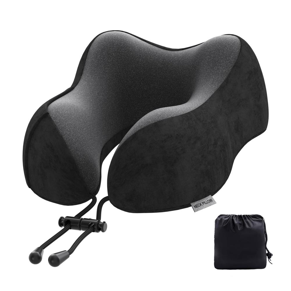 Memory Foam Nackenkissen für Reisen und Unterwegs - Schwarz samtweicher Bezug ideales Nackenhörnchen für Erwachsene im Auto Flugzeug Camping Büro und Zuhause