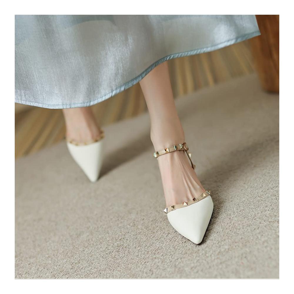 Niedrige Kitten-Heels-Pumps Damen Spitze Riemchen-Nieten-Schuhe geschlossene Zehen-High Heels Slingback-Pumps Sommer-Party-Sandalen (Weiß EU(CN) 39/US8