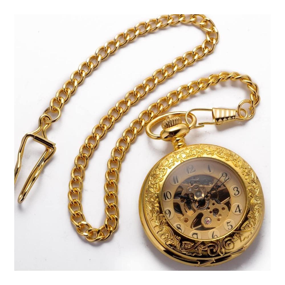 Exquisite Vintage-Taschenuhr für Herren und Damen mit dekorativem graviertem Gehäuse spezieller Lupe und goldenem Uhrwerk - Arabische Ziffern halber Jäger und inklusive Kette