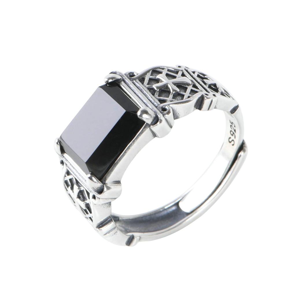 Herrenringe 925 Silber | Verstellbarer Retro Kreuzring mit Schwarzem Stein | Elegante Herren Ringe in Sterling Silber
