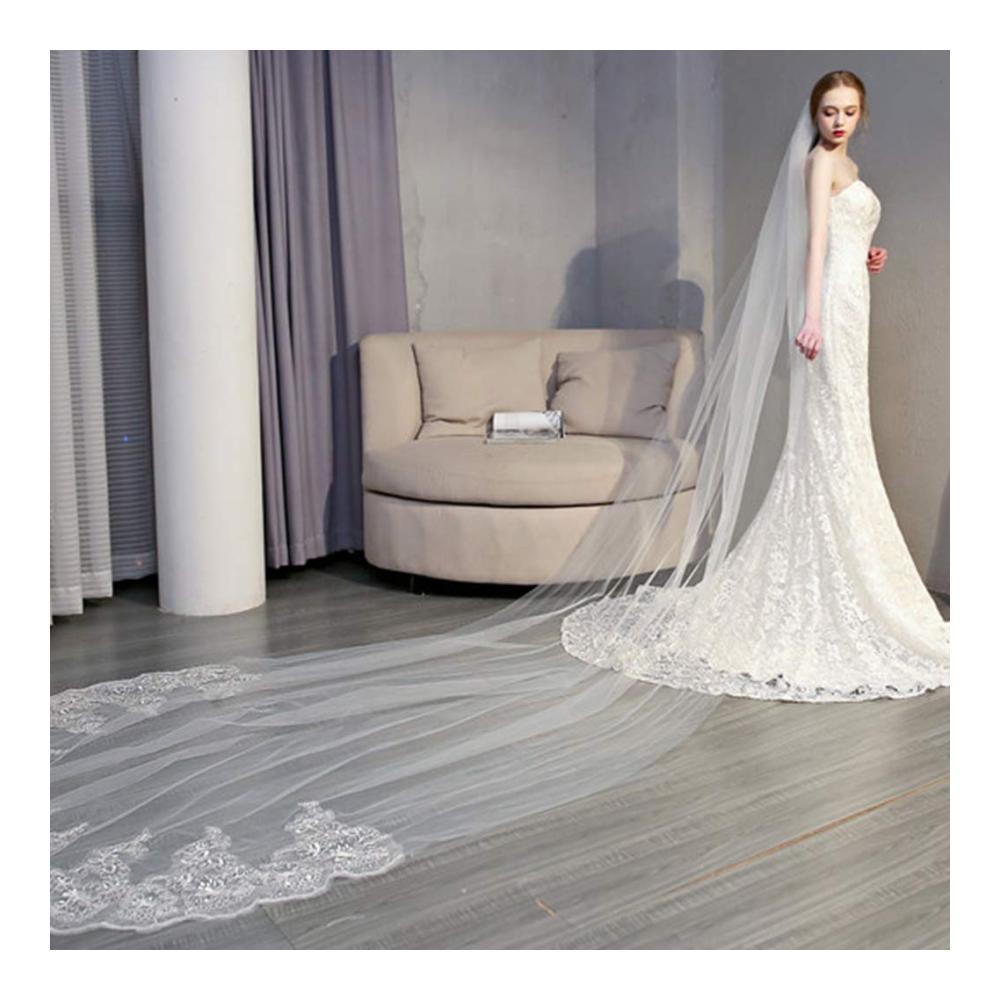 Hochzeitsschleier 4M mit Kathedrale Gestickter Blumenspitze und Kamm