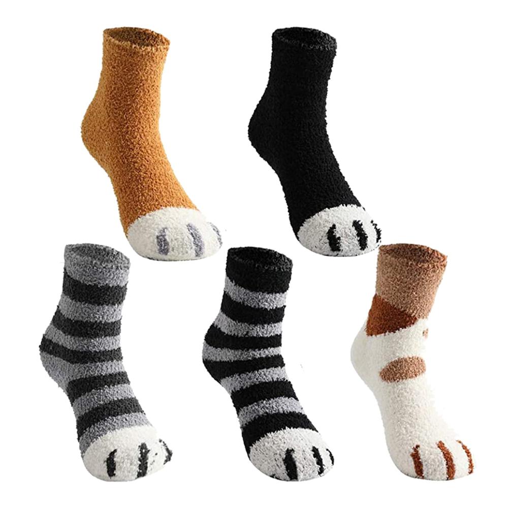 Warme Damen Stoppersocken 5er Pack | Flauschige Coral Fleece Katzensocken | Winter Hausschuhsocken mit Katzenkrallen | Damen-Mittelrohrsocken für Zuhause | Fuzzy Plüsch Schlafsocken