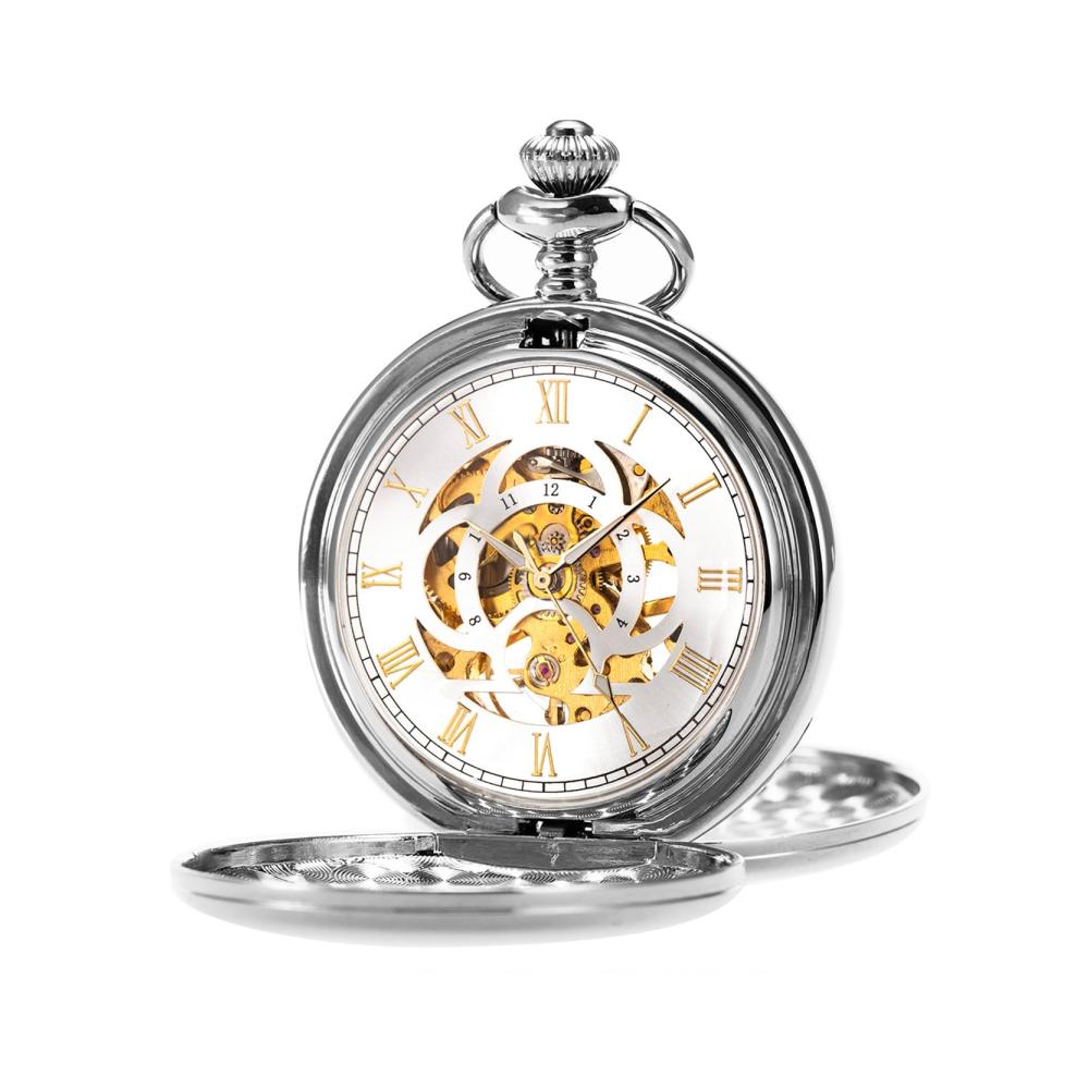 Antike Römische Herren-Taschenuhr mit Kette | Handaufzug Bi-Hinged Silber Graviert | Analog Zeitmessung | Exklusive Vintage Taschenuhr