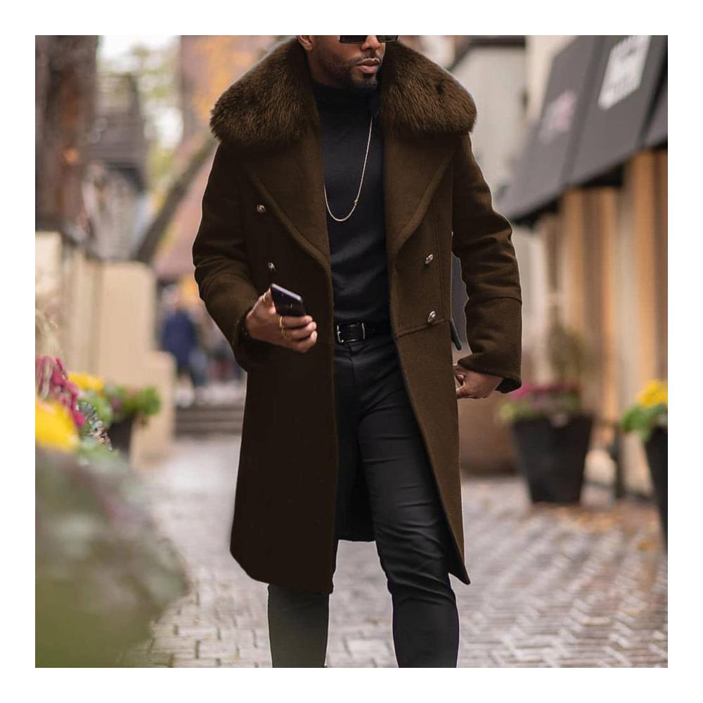 Herren Wintermantel Knielanger Business Mantel mit Pelzkragen - Windjacke aus erweiterter Wolle für Outdoor und Casual Style