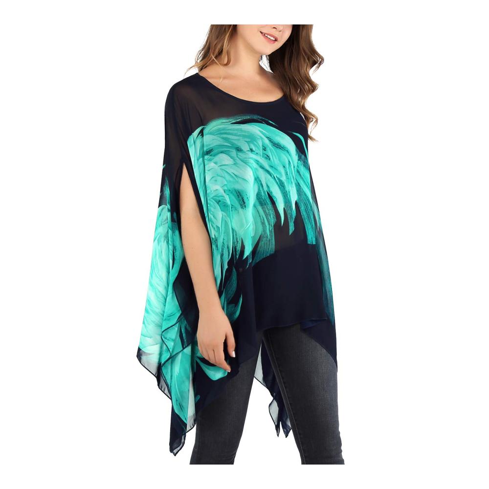 Damen Batwing Chiffon Bluse - Locker geschnittene Blusen & Tuniken mit Rundhals und Tuell-Einsatz