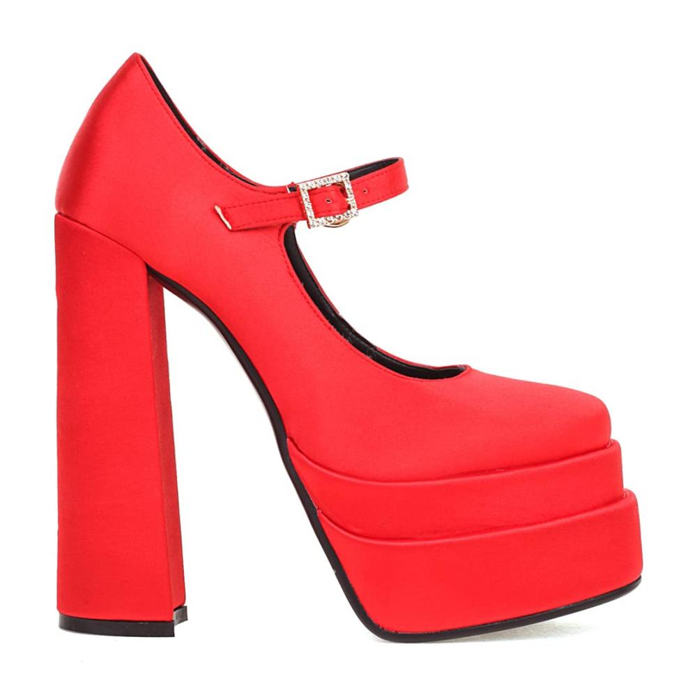 Plateau Chunky Blockabsatz Silk Satin Square Toe Pumps mit Hot Höhe Ferse - Trendige Knöchelriemchen Schnalles Design - Damen Wedge Dress Pumps in Rot (Größe 36