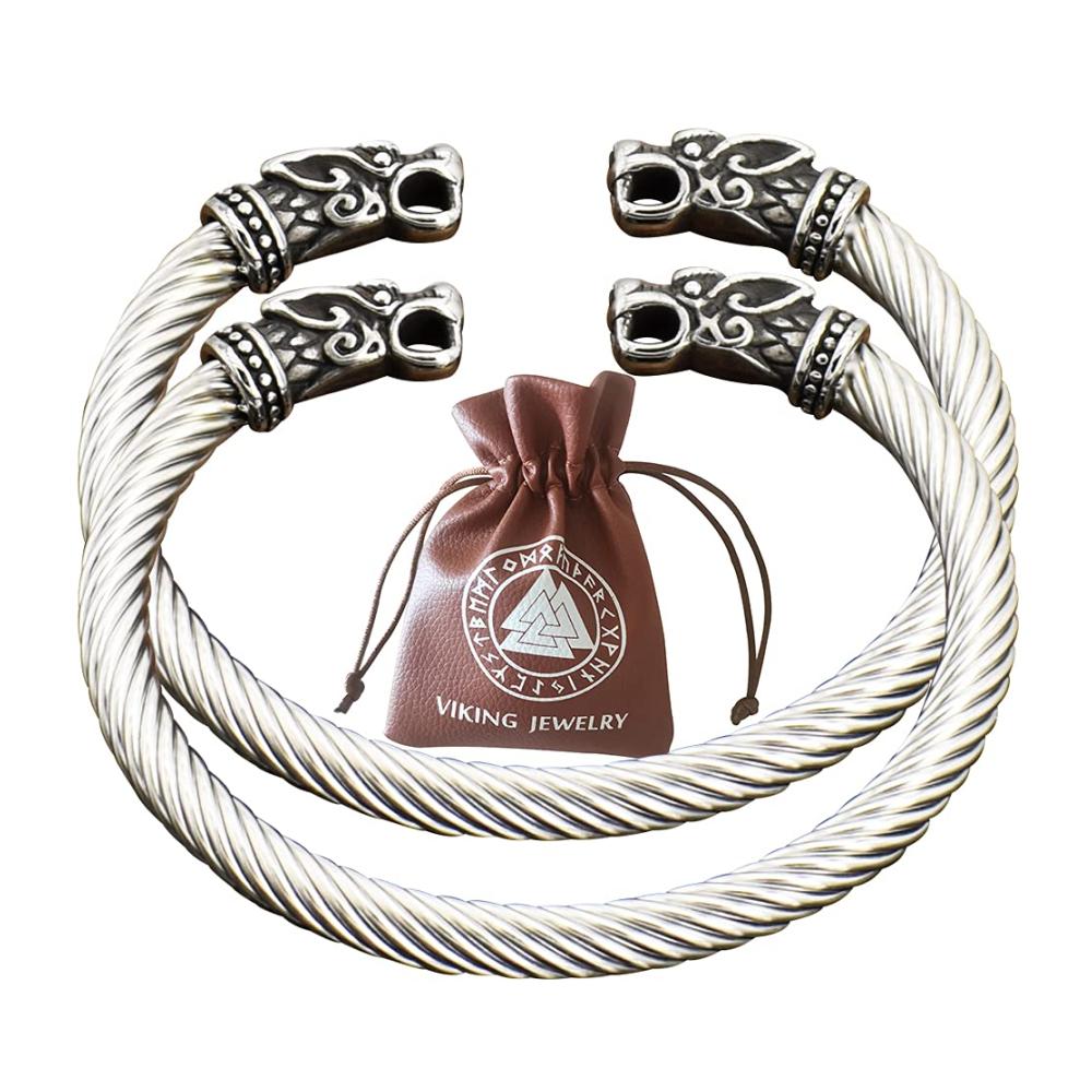 Edelstahl Wikinger Fenrir Wolfskopf-Armband mit Valknut-Details – Nordisches Twisted Cuff für Männer und Frauen
