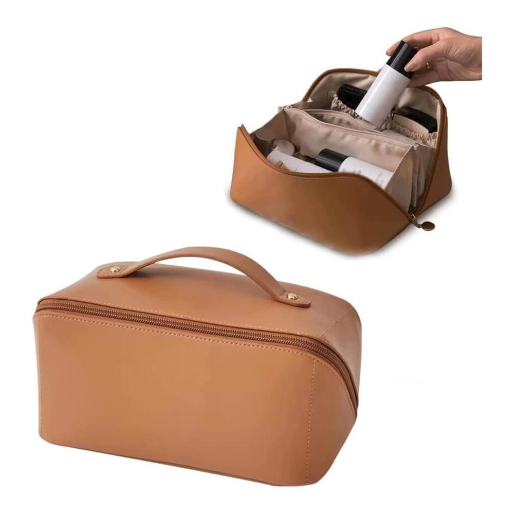 Große Kapazität Kosmetikkoffer für Frauen - Multifunktionale Reise-Make-up-Tasche mit Reißverschluss doppelte Schicht Griff und goldfarbenem Reißverschluss (Farbe Braun