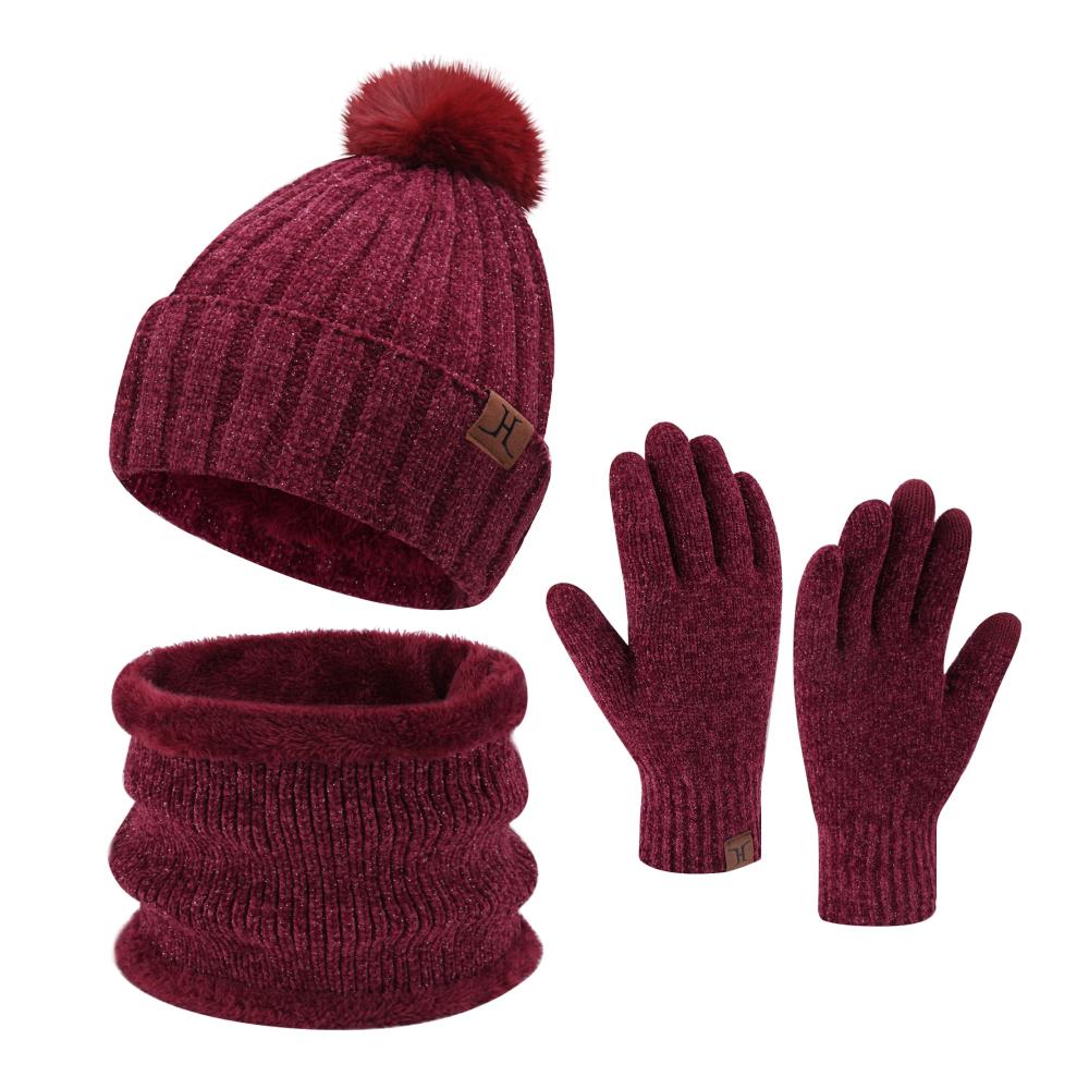 Chenille Strick Damen Winter Set Beanie Mütze Schal & Touchscreen-Handschuhe für den Winter - Loop Schal und Wärmende Winterhandschuhe inklusive