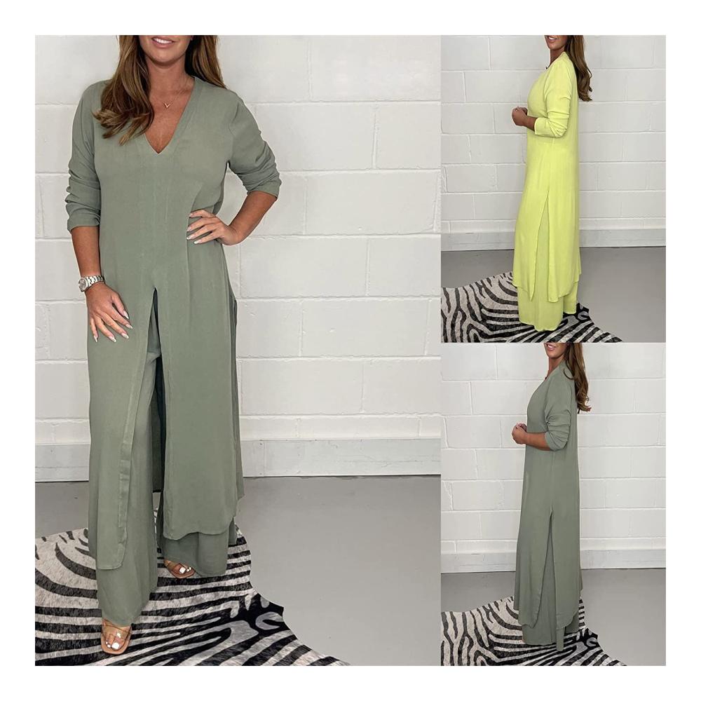 Sommerlicher Hosenanzug Zweiteiliges Set mit langem Oberteil und passender Hose V-Ausschnitt seitlichem Schlitz Bluse mit langen Ärmeln und weitem Hosenbein aus weichem bequemem Stoff
