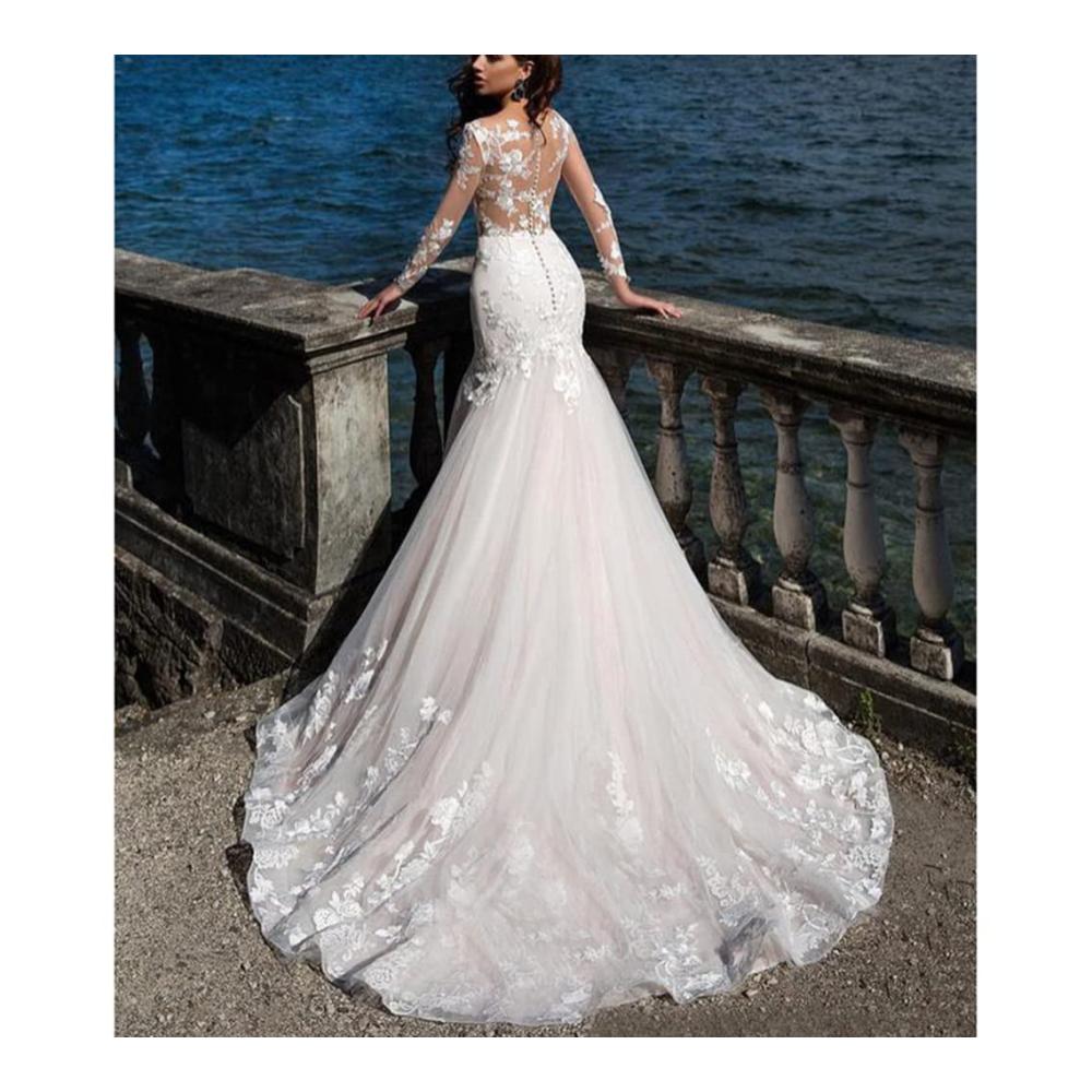 Spitzen Meerjungfrau Brautkleid mit Langarm und Applikationen - Elegantes Hochzeitskleid in Weiß (Größe 24W