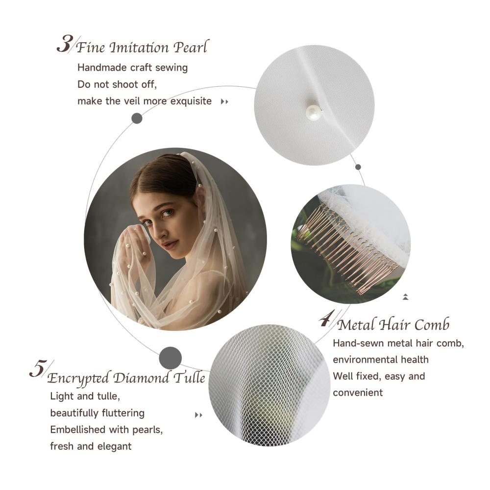 AMBRE ADÈLE Perlenschleier | Brautschleier lang für Hochzeit | Cremefarbener Schleier 150x229 cm | Hochzeitsschleier in Cremeweiß mit Perlen | Eleganter langer Braut-Schleier