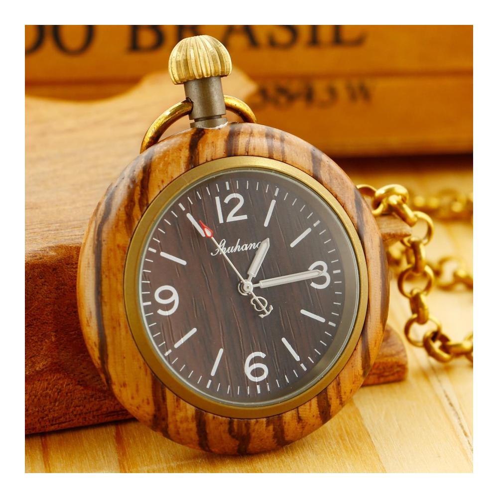 Handgefertigte Holz-Taschenuhr mit 37 cm langer Kette - Römisches & Digitales Zifferblatt Quarz - Für Damen und Herren