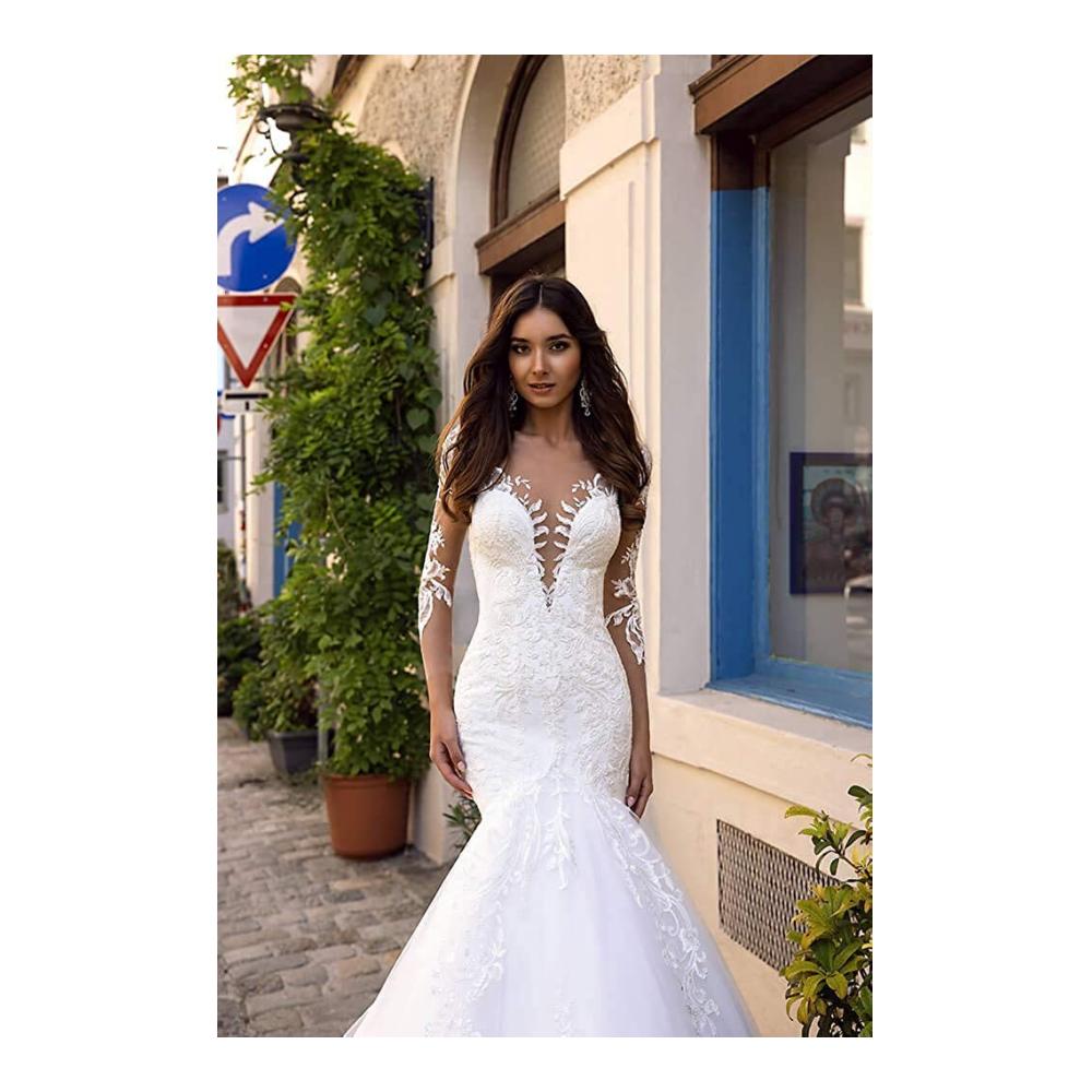 2020 Illusion Langarm Beach Brautkleid - Handgemachte Meerjungfrau Spitze Tüll Brautkleider für Damen mit Train in Weiß