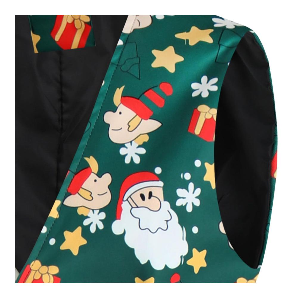 Herren Weihnachtsanzug Set V-Ausschnitt Weste Druckmuster Slim Fit Anzug für Weihnachtsparty