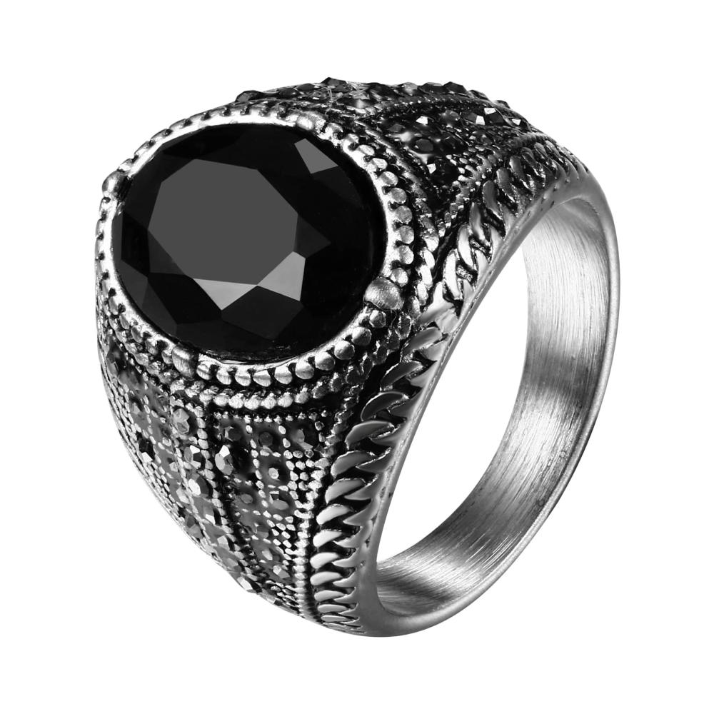 Herren Vintage Edelstahlring mit Schwarzen Steinen | Klassischer Kubanischer Stil | Retro Gothic Geschenk für Männer | Valentinstag | Größe 60 62 65