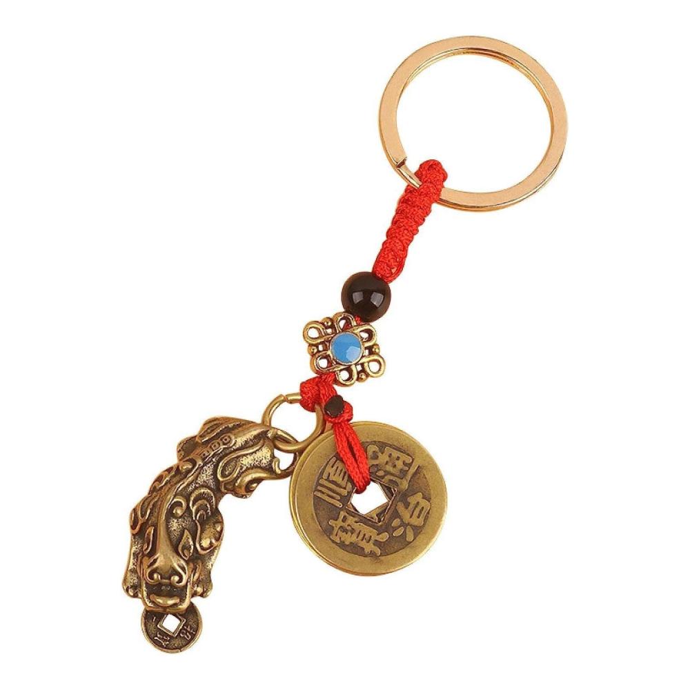 Schlüsselringe & Schlüsselbänder für Herren mit Kupfermünzen Pixiu-Retro-Schlüsselanhänger Glücksauto-Anhänger handgewebtes Seil Messing - Einzigartige Kupferaccessoires für stilvolles Aufhängen