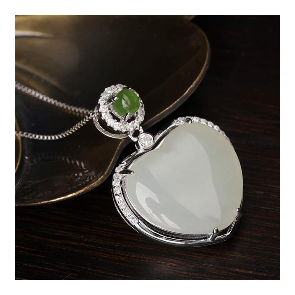 18 Smaragd & Jaspis Herz Anhänger Kette - Sterling Silber Schmuck mit Weißer Jade - Unisex Halskette in Geschenkbox
