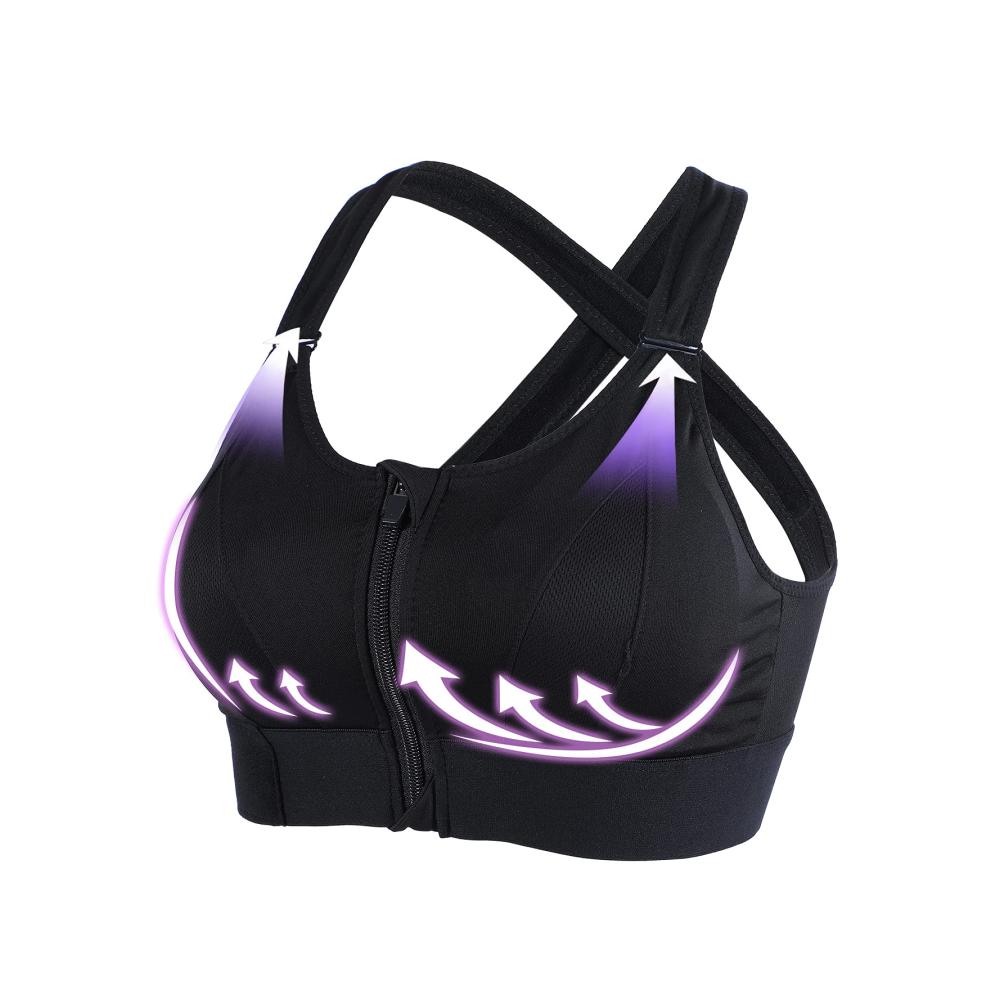 Sport-BH Damen Starker Halt Push-Up Front-Zip Vorderverschluss große Brüste verstellbare Träger gekreuzter Rücken - Ideal für Fitness Training
