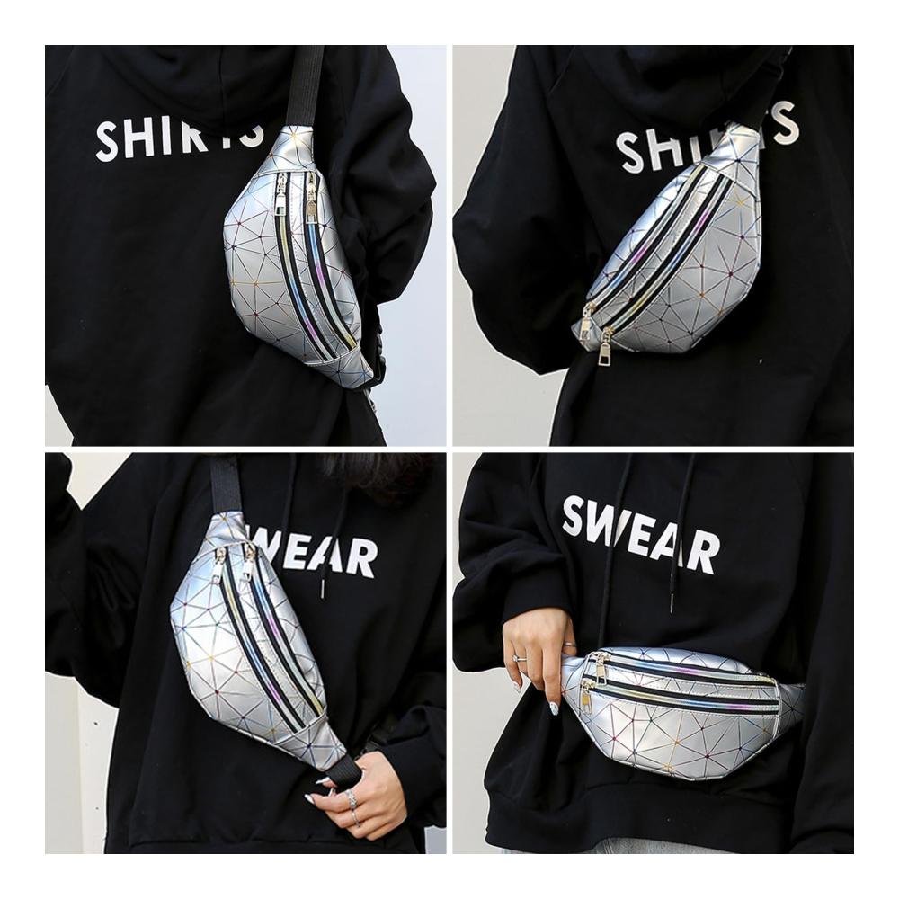 Mode-Hüfttaschen Set (2 Stück) - Wasserdichte Gürteltasche aus PU-Leder mit reflektierendem Design verstellbarem Gurt und glänzendem Metallic-Look für Reisen Partys und Wandern (Schwarz/Silber