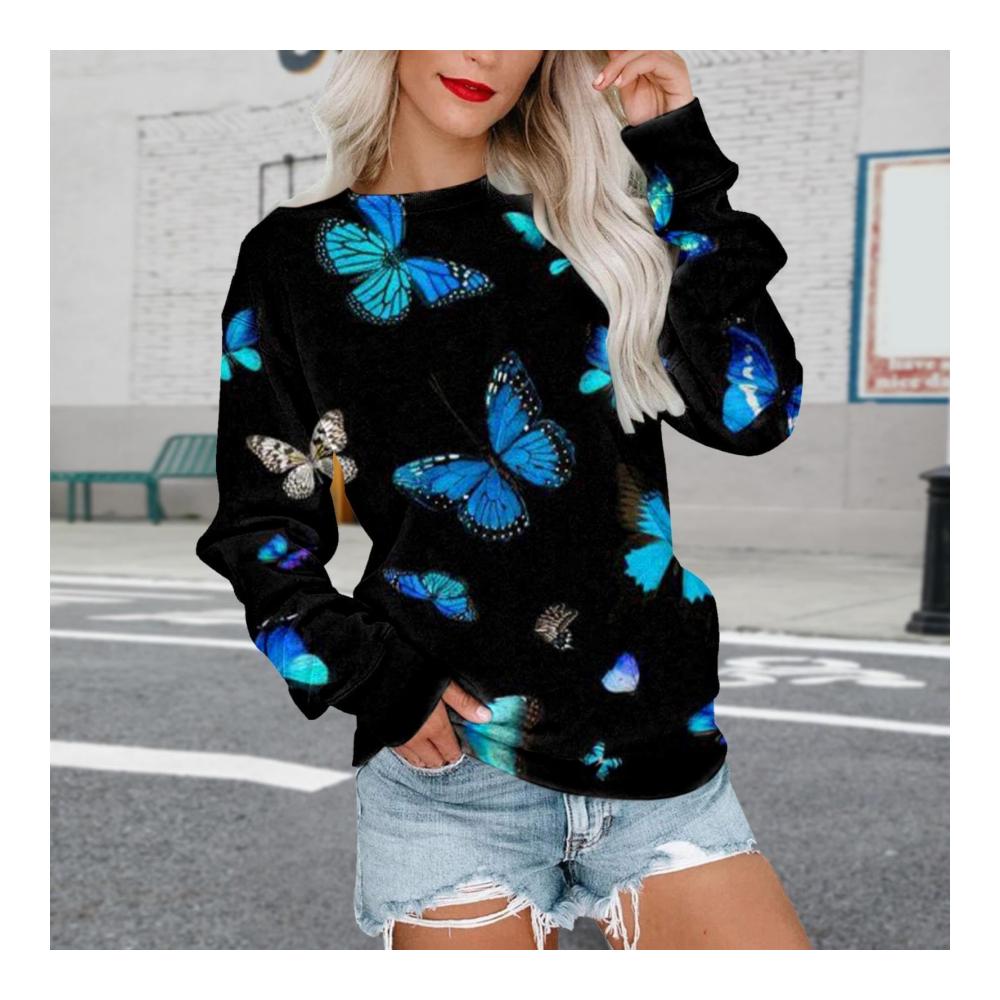 Blauer Damen Hoodie - Herbst/Winter Mode Langarm Rundhals Retro-Druck Schulterfrei Damen Sweatshirt