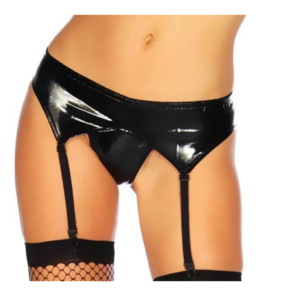 Strumpfgürtel Set Verführerische Schwarz Sexy Dessous mit Wet-Look Lack Leder - Damen Strumpfbänder & Strumpfhalter für Nachtclub Party und mehr
